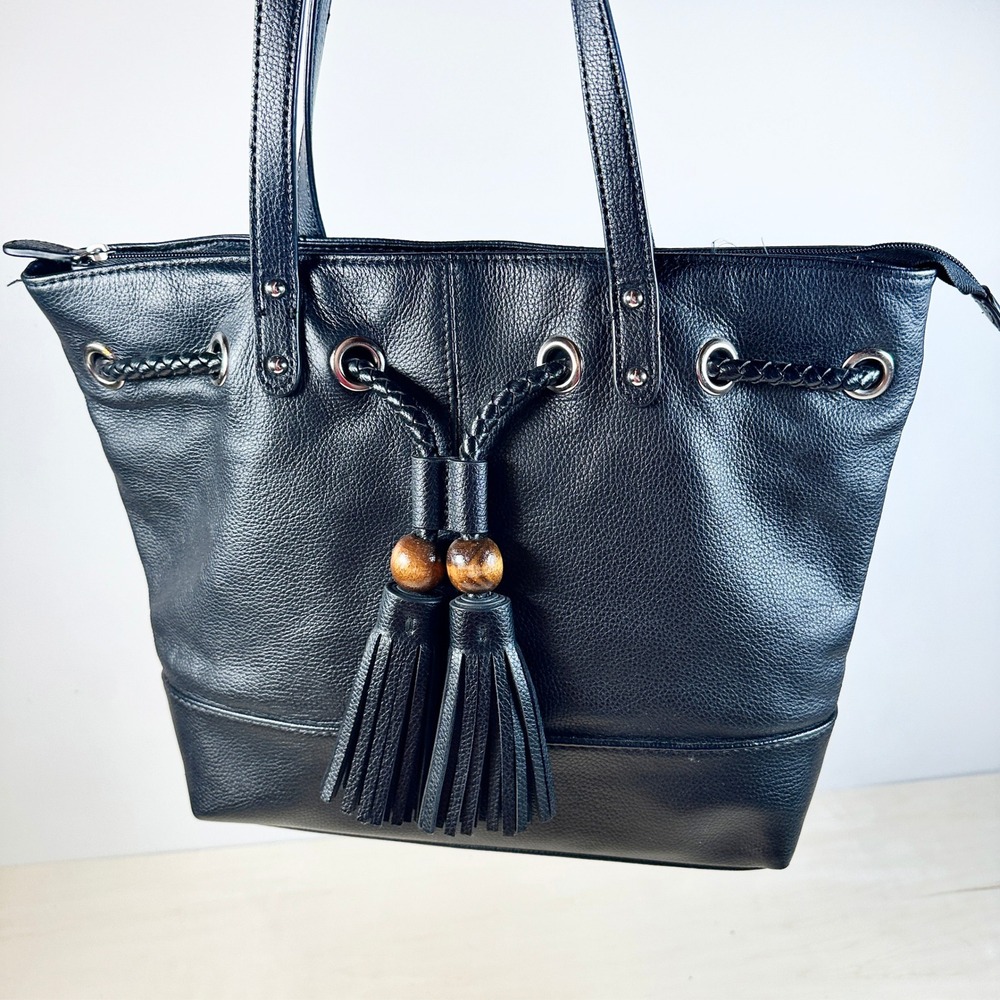 Giani Bernini Black Leather Tote Purse Bag Tassels‎ Southwestern